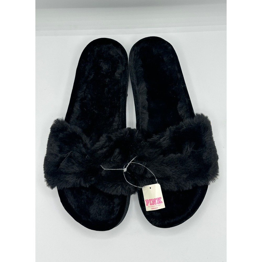 Victoria's Secret PINK Black Faux Fur Slide Slippers 412495 Size M 7-8